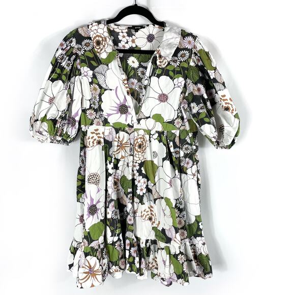 Maje Rafleur Floral Dress Ivory Green V-Neck Tiered Puff Sleeve Sz 42 EU / 10 US - Picture 6 of 16